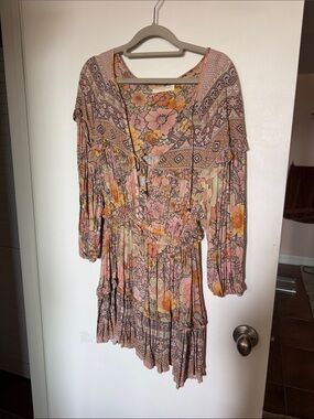 Spell Floral Boho Long Sleeve Mini Dress in Pink and Peach